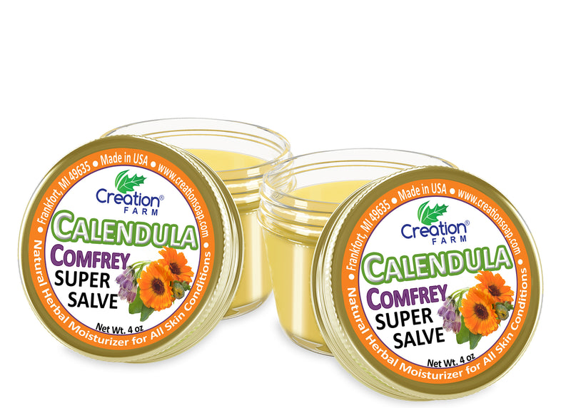 Calendula Confrrey Super Salve  2-4 oz Jars Soothes Baby Bottoms, Eczema, Hand Cream Balm for Dry Cracked skin, Tattoos and Beards - Creation Pharm